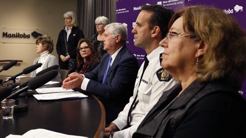 From right seated, Glenda Dean, co-chair, Family Violence Consortium of Manitoba, Assistant Commissioner Kevin Brousseau, commanding officer, D Division, RCMP,  Attorney General Gord Mackintosh, Trudy Lavallee, executive director, Ikwe Widdjiitiwin  and Jane Ursel, director of RESOLVE a tri-provincial family violence research network at Mackintosh's announcement of the proposed legislation that would see the strongest level of protection against domestic violence in the country.  The news conference was held in the Manitoba Legislative Bld Monday. Larry Kusch story Wayne Glowacki / Winnipeg Free Press Nov. 30   2015