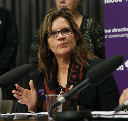 Trudy Lavallee, executive director, Ikwe Widdjiitiwin attending Attorney General Gord Mackintosh's announcement of the proposed legislation that would see the strongest level of protection against domestic violence in the country at a news conference in the Manitoba Legislative Bld Monday. Larry Kusch story Wayne Glowacki / Winnipeg Free Press Nov. 30   2015