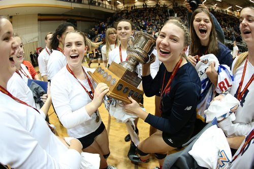 November 30, 2015 - 151130  -  St. Mary's Flames celebrate their win over the Lord Selkirk Royals in the Manitoba High Schools Athletic Association (MHSAA) volleyball final at University of Manitoba Monday, November 30, 2015. John Woods / Winnipeg Free Press