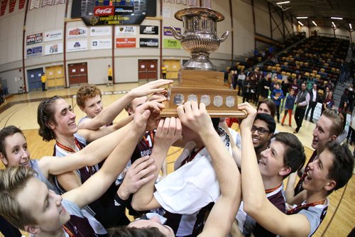 November 30, 2015 - 151130  -  St Paul's Crusaders celebrate defeating the Miles MacDonell Buckeyes in the Manitoba High Schools Athletic Association (MHSAA) volleyball final at University of Manitoba Monday, November 30, 2015. John Woods / Winnipeg Free Press