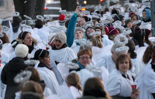 The Misericordia Health Foundation gathered 1275 angels at Mulvey School to break the Guinness book of World Record of most angels congregating in one area- the previous record was held my Germany- Kids pour into school area before record was broken-See Bill Redekop storyDec 01, 2015   (JOE BRYKSA / WINNIPEG FREE PRESS)