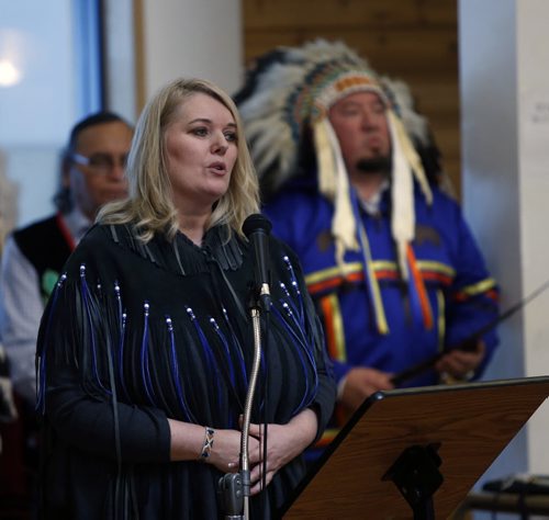 At podium, Family Services Minister Kerri Irvin-Ross with First Nations leaders including Grand Chief Derek Nepinak, AMC at right for the announcement of changes to the Child and Family Services Act that will greatly increase community involvement in caring for children through customary care.The event was held at Thunderbird House Wednesday.  Mary Agnes Welch story Wayne Glowacki / Winnipeg Free Press Dec. 2  2015