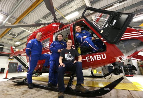 In centre, Paul Neufeld, was flown to the hospital by the STARS air ambulance after he was critically injured in a head on car collision on Hwy.44. On Thursday, he visited with the crew that saved him on the night of his accident, from right Pilot Jason Graveline, Flight Paramedic Grant Therrien, and Pilot Paul Adams. There were also two Critical Care Nurses Chad Chapman and Vicki Wilson that were on aboard that helped care for Paul.  Scott Billeck story   Wayne Glowacki / Winnipeg Free Press Dec. 3  2015