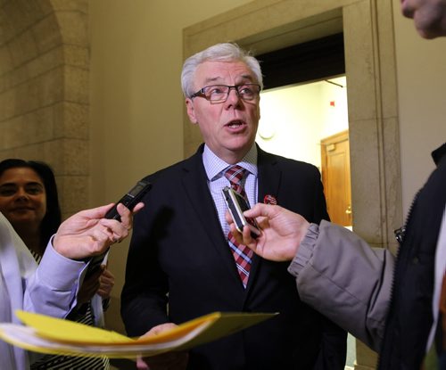 Premier Greg Selinger  talks to the media after leaving the chambers today (Thursday) for their last sitting of the year. See Larry Kusch story.    Dec 03, 2015 Ruth Bonneville / Winnipeg Free Press