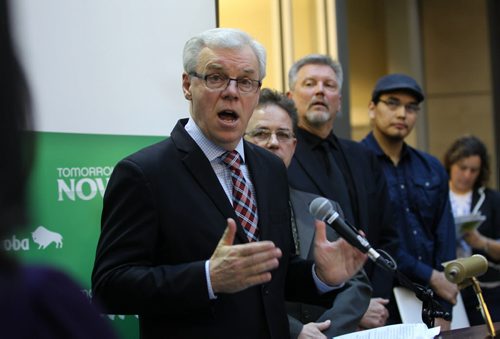 Premier Greg Selinger speaks in the Atrium of  Richardson College for Science and the Environment Complex, University of Winnipeg, Thursday during the launch of the provinces new plan to address climate change and create green jobs. See Kives story. Dec 03, 2015 Ruth Bonneville / Winnipeg Free Press