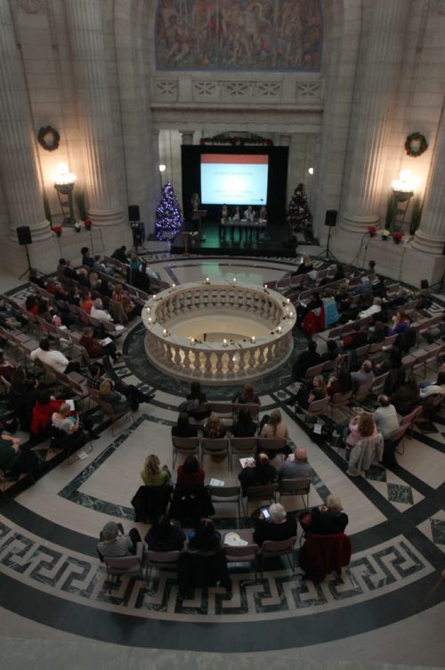 14 Roses and candles honouring the14 women who were murdered at Lecole Polytechnique in Montreal on Dec. 6, 1989. A panel discussion on sexual violence on campus with students from post-secondary schools took place today in the Rotunda of the Manitoba Legislative Building Friday.- See Bill Redekop StoryDec 04, 2015   (JOE BRYKSA / WINNIPEG FREE PRESS)
