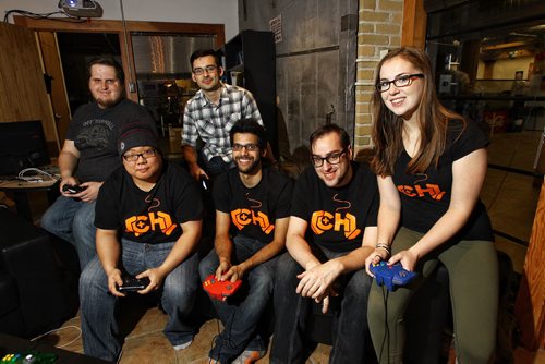 Seven gamers participated in the second annual 24-hour Game-A-Thon held in the offices of Complex Games, raising money for mental health issues. (L-r) Justin Cuschinski, Jason Shin, Nolan Bicknell, Kieran Moolchan, Tony Handkamer and Albertine Watson.  151206 December 06, 2015 MIKE DEAL / WINNIPEG FREE PRESS