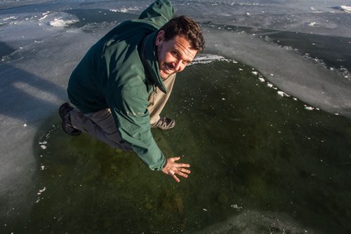 The whole of Clear Lake has frozen flat and almost perfectly clear which many are saying is a very rare event. Richard Dupuis the Riding Mountain National Park Visitor Experience Manager on the clear ice of Clear Lake Monday afternoon. 151207 - Monday, December 7, 2015 -  MIKE DEAL / WINNIPEG FREE PRESS