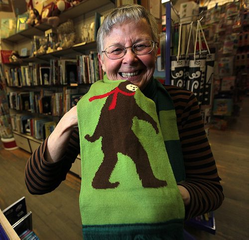 Gift Guide - Sue Fonseca at Toad Hall, models the Bigfoot Scarf.....See Sanderson's story. December 7, 2015 - (Phil Hossack / Winnipeg Free Press)