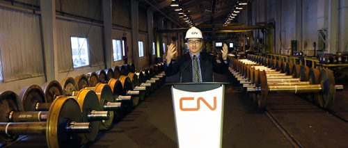 Gerry Weber, vice pres. supply, fleet and fuel management of CN in the  CNs Transcona Shops for the announcement Thursday of a new long-term contract with Amsted Rail to produce one million wheels for use at CN's Transcona mechanical facility. Martin Cash story Wayne Glowacki / Winnipeg Free Press Dec. 10   2015