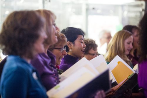 The Electric Chords choir sings at 360 Portage as part of the Miracle on Mountain initiative in Winnipeg on Friday, Dec. 11, 2015.  (Mikaela MacKenzie/Winnipeg Free Press)