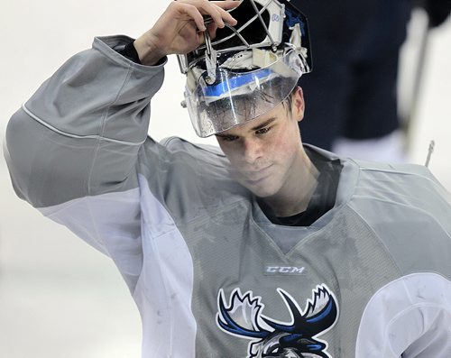 Manitoba Moose netminder Eric Comrie at the Friday morning team workout. See melissa Tait's story. December 12, 2015 - (Phil Hossack / Winnipeg Free Press)