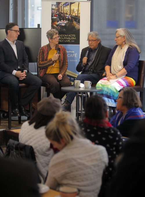 Traditional knowledge and the environment roundtable at Free Press News Café. (L-R) Dan Lett and Alexandra Paul talks to two aboriginal Elders about traditional knowledge and the environment. Elders Dave Courchene and Katherine Whitecloud spoke with Dan and Alexandra about the importance of recognizing First Nations traditional knowledge when discussing climate change and the environment. BORIS MINKEVICH / WINNIPEG FREE PRESS DEC 11, 2015