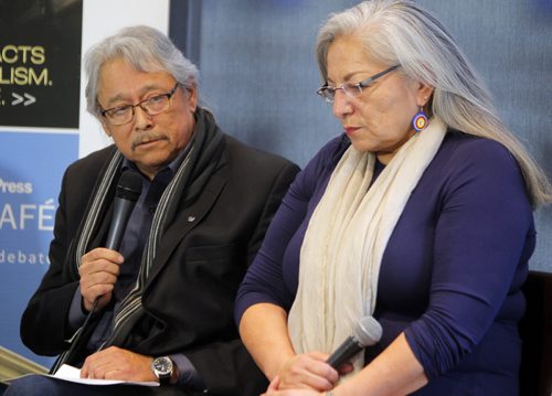 Traditional knowledge and the environment roundtable at Free Press News Café. Dan Lett and Alexandra Paul talks to two aboriginal Elders about traditional knowledge and the environment. (L-R) Elders Dave Courchene and Katherine Whitecloud spoke with Dan and Alexandra about the importance of recognizing First Nations traditional knowledge when discussing climate change and the environment. BORIS MINKEVICH / WINNIPEG FREE PRESS DEC 11, 2015