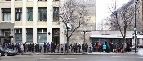 Determined foodies stood in line for hours to purchase tickets for RAW:almond, the restaurant that sets up on the river ice near The Forks. Tickets for the river restaurants fourth season, which runs from Jan. 21 to Feb. 13, went on sale for $120 a head on a first-come, first-serve basis at Deer + Almond, 85 Princess St. 151206 December 06, 2015 Mike Deal / Winnipeg Free Press