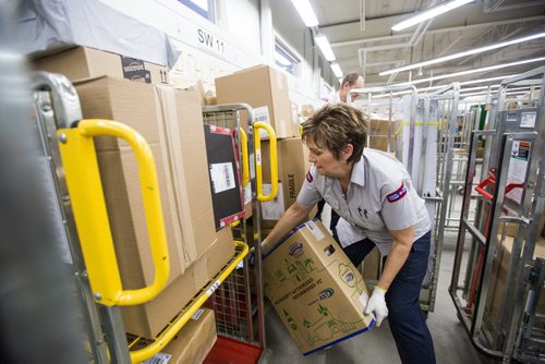 Letter carrier Shelley Tomm sorts packages before going out on her route on the busiest day of the year in Winnipeg on Monday, Dec. 14, 2015.  (Mikaela MacKenzie/Winnipeg Free Press)