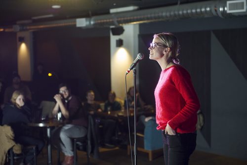 DAVID LIPNOWSKI / WINNIPEG FREE PRESS 151210  Jill Coubrough competes in the spelling bee(r) Thursday December 10, 2015. Every two months the Good Will Social Club hosts an event called "spelling bee(r)".    49.8 INTERSECTION story