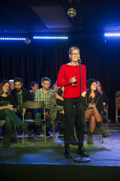 DAVID LIPNOWSKI / WINNIPEG FREE PRESS 151210  Jill Coubrough competes in the spelling bee(r) Thursday December 10, 2015. Every two months the Good Will Social Club hosts an event called "spelling bee(r)".    49.8 INTERSECTION story