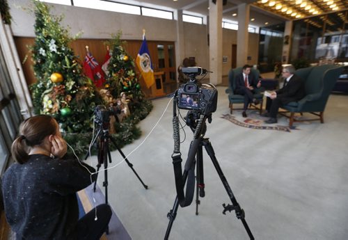 Mikaela MacKenzie records Mayor Brian Bowman at Winnipeg City Hall for year in review. Aldo Santin story.Wayne Glowacki / Winnipeg Free Press Dec. 16   2015