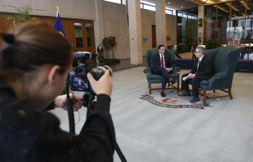 Mikaela MacKenzie records Mayor Brian Bowman at Winnipeg City Hall for year in review. Aldo Santin story.Wayne Glowacki / Winnipeg Free Press Dec. 16   2015