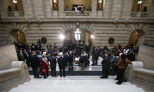 At the Manitoba Legislature in Winnipeg today, Thursday, December 17, 2015 Manitoba Premier Greg Selinger, Carolyn Bennett, Minister of Indigenous and Northern Affairs, City of Winnipeg mayor Brian Bowman, and Chief Erwin Redsky, Shoal Lake No.40 First Nation, announced an intergovernmental partnership that will benefit the First Nation by building a 24 km road from the community to the Trans Canada Highway.   THE CANADIAN PRESS/John Woods