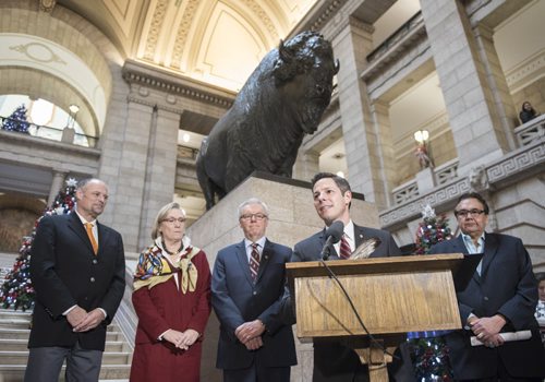 DAVID LIPNOWSKI / WINNIPEG FREE PRESS 151217   Mayor Brian Bowman speaks during a joint funding announcement for Freedom Road to Shoal Lake at the Manitoba Legislature Thursday December 17, 2015.