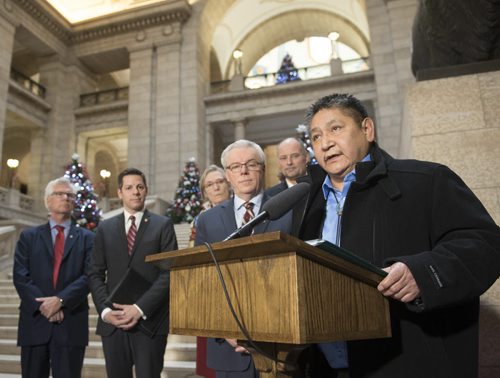 DAVID LIPNOWSKI / WINNIPEG FREE PRESS 151217   Chief Erwin Redsky of Shoal Lake 40 First Nation speaks during a joint funding announcement for Freedom Road to Shoal Lake at the Manitoba Legislature Thursday December 17, 2015.