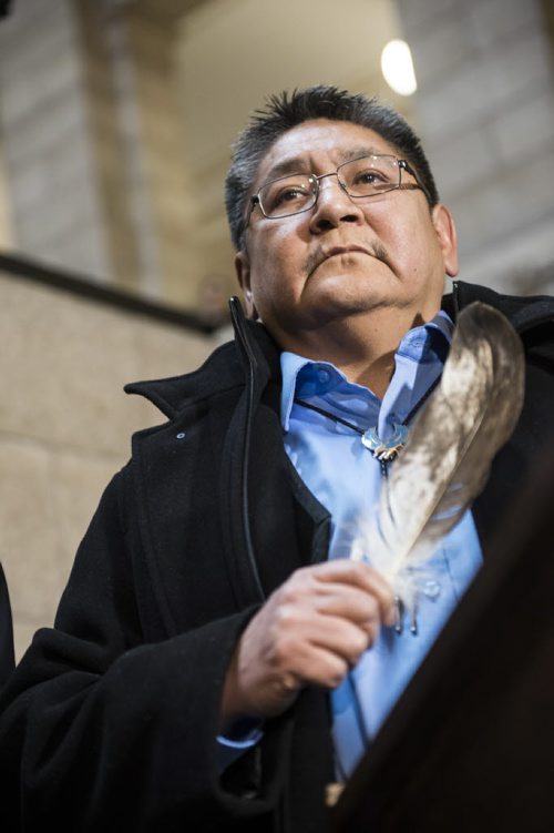 DAVID LIPNOWSKI / WINNIPEG FREE PRESS 151217   Chief Erwin Redsky of Shoal Lake 40 First Nation during a joint funding announcement for Freedom Road to Shoal Lake at the Manitoba Legislature Thursday December 17, 2015.