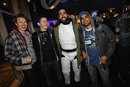 Friends, from left, Rory Sullivan, Pat Grierson, Max Porozny and Heman Wasil arrive for the 7pm screening of the new Star Wars film, The Force Awakens at the Polo Park Cineplex Thursday.   151217 December 17, 2015 MIKE DEAL / WINNIPEG FREE PRESS