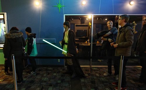 Tom Glendinning dressed as a Jedi Knight in line for the 7pm screening of the new Star Wars film, The Force Awakens at the Polo Park Cineplex Thursday.  151217 December 17, 2015 MIKE DEAL / WINNIPEG FREE PRESS