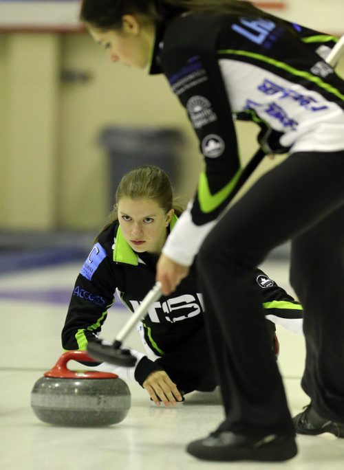 Christine Mackay, the top seed at the upcoming junior womens provincial curling championships, shoots during action at the Heather Curling Club on Dec. 18, 2015. Photo by Jason Halstead/Winnipeg Free Press