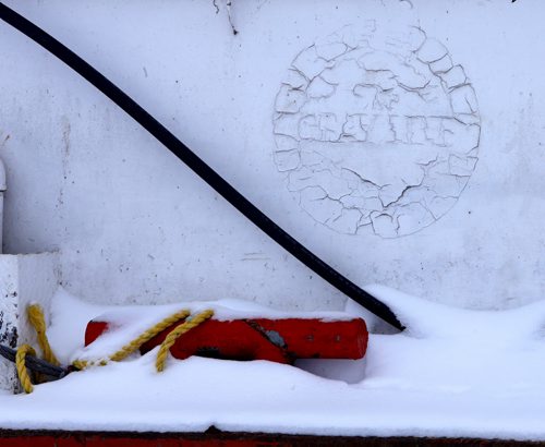 49.8  OLD BOATS. Peeling paint on the side of the  Paddlewheel Princess frozen in the slough north of Selkirk, Mb.  Bill Redekop story   Wayne Glowacki / Winnipeg Free Press Dec. 22  2015