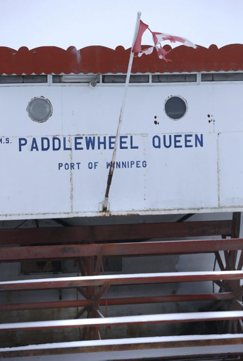 49.8  OLD BOATS.  The stern of the Paddlewheel Queen in the frozen slough north of Selkirk, Mb.  Bill Redekop story   Wayne Glowacki / Winnipeg Free Press Dec. 22  2015