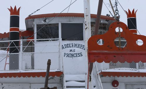49.8  OLD BOATS. The helm in centre of the  Paddlewheel Princess frozen in the slough north of Selkirk, Mb.  Bill Redekop story   Wayne Glowacki / Winnipeg Free Press Dec. 22  2015