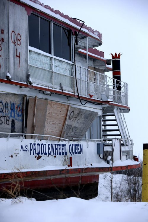 The bow of the Paddlewheel Queen in the frozen slough north of Selkirk, Mb.  Bill Redekop story   Wayne Glowacki / Winnipeg Free Press Dec. 22  2015