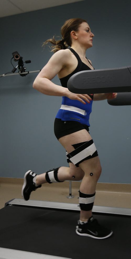 Fitness Page. Sarah Flett, a 3D Gait Analysis Technician/Kinesiologist at the PanAm Clinic runs on a treadmill while the 3D Gait equipment records her lower body movements.     Scott Billeck story   Wayne Glowacki / Winnipeg Free Press Dec. 23  2015