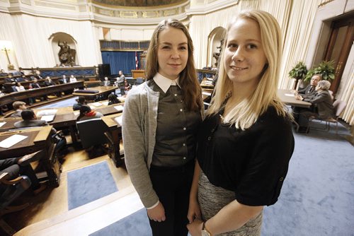 December 28, 2015 - 151228  - Danielle Bohonos, 2nd year Political Science student at McGill, and Alanna Flom, 2nd year Criminology student at U of MB, are photographed during the Bear Pit at the Youth Parliament of Manitoba Monday, December 28, 2015.  John Woods / Winnipeg Free Press