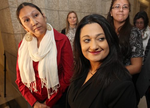 Manitoba Liberal Leader Rana Bokhari, right, today announced at the Manitoba Legislature that Althea Guiboche, better known as the Bannock Lady will run for the Liberals in the constituency of Point Douglas See Larry Kusch story- Dec 30, 2015   (JOE BRYKSA / WINNIPEG FREE PRESS)