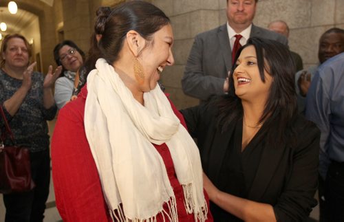 Manitoba Liberal Leader Rana Bokhari, right, today announced at the Manitoba Legislature that Althea Guiboche, better known as the Bannock Lady will run for the Liberals in the constituency of Point Douglas See Larry Kusch story- Dec 30, 2015   (JOE BRYKSA / WINNIPEG FREE PRESS)