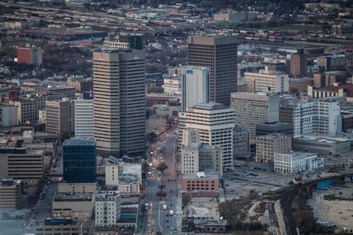 Winnipeg skyline aerial photos for the Red, Assiniboine, La Salle, and Seine River Project. Main Street and Winnipeg's Downtown skyscrapers in the early evening. 151026 - Monday, October 26, 2015 -  MIKE DEAL / WINNIPEG FREE PRESS