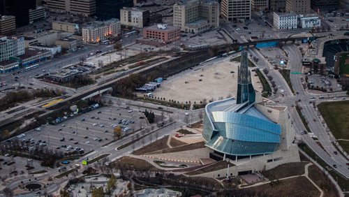 Winnipeg skyline aerial photos for the Red, Assiniboine, La Salle, and Seine River Project. The Canadian Museum for Human Rights along with Parcel Four and Railside parking lots. 151026 - Monday, October 26, 2015 -  MIKE DEAL / WINNIPEG FREE PRESS