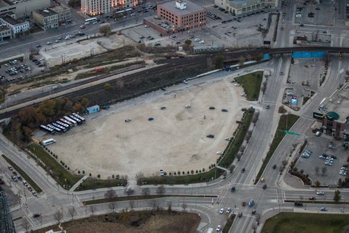 Winnipeg skyline aerial photos for the Red, Assiniboine, La Salle, and Seine River Project. The Parcel Four parking lot. 151026 - Monday, October 26, 2015 -  MIKE DEAL / WINNIPEG FREE PRESS