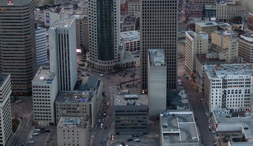 Winnipeg skyline aerial photos for the Red, Assiniboine, La Salle, and Seine River Project. Winnipeg's famous intersection of Portage Avenue and Main Street in the early evening. 151026 - Monday, October 26, 2015 -  MIKE DEAL / WINNIPEG FREE PRESS