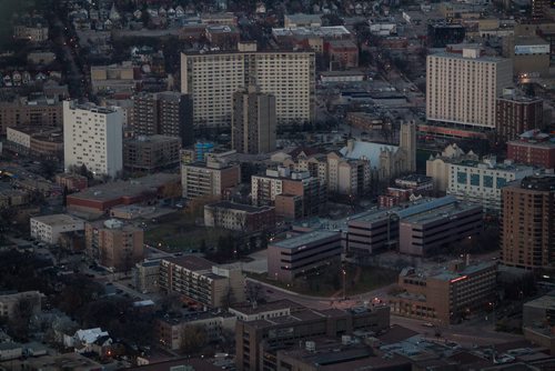 Winnipeg skyline aerial photos for the Red, Assiniboine, La Salle, and Seine River Project.  The Central Park Neighbourhood in the early evening including Knox United Church. 151026 - Monday, October 26, 2015 -  MIKE DEAL / WINNIPEG FREE PRESS