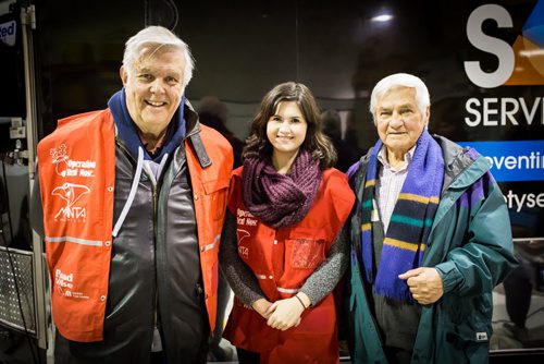 Operation Red Nose volunteers David George and Wally Stoyko pose with Winnipeg Free Press reporter Danielle Doiron before hitting the road on New Year's Eve, December 31, 2015. (GREG GALLINGER / WINNIPEG FREE PRESS)