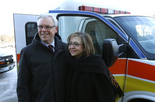 Premier Greg Selinger and Oksana Bondarchuk, president of the Ukrainian Canadian Congress-Manitoba Provincial Council at the announcement Monday that the Manitoba Gov't will donate three previously used ambulances to the Humanitarian Ambulances for Ukraine Project. The Ukrainian Canadian Congress-Manitoba Provincial Council  will be contributing a fourth ambulance. The news conference was held in front of the Manitoba Legislative Bld.  Bart Kives story. Wayne Glowacki / Winnipeg Free Press Jan. 4 2016