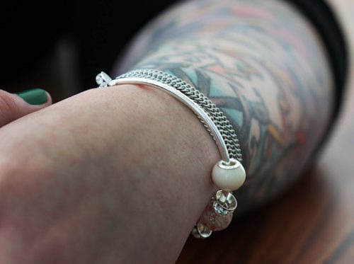Morgan Di Martino is a local jewelry designer and her company North Faun specializes in breast milk and cremation jewelry Close-up of a breast milk bracelet she created-See Jen Zoratti column- Jan 04, 2016   (JOE BRYKSA / WINNIPEG FREE PRESS)