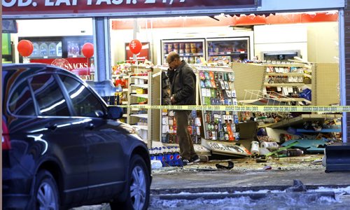 No one was injured after a vehicle crashed through the front window into the 7Eleven store on St. Mary's Road at Sunset Blvd. in St. Vital Monday morning. The damage extends to the back of the store. Wayne Glowacki / Winnipeg Free Press Jan. 4 2016