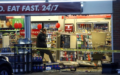 No one was injured after a vehicle crashed through the front window into the 7Eleven store  on St. Mary's Road at Sunset Blvd. in St. Vital Monday morning. The damage extends to the back of the store. Wayne Glowacki / Winnipeg Free Press Jan. 4 2016