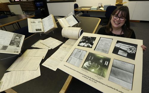 Kathleen Epp, Senior Archivist at the Archives of Manitoba with some of the items that will be on display at the Open House to commemorate the 100th anniversary of the Women's Suffrage in Manitoba. Original records from the archives and publications from the Legislative Library will be on display Saturday, Jan. 9 in the Archives Research Room at 200 Vaughan St. from noon to 4 p.m.  see release  Wayne Glowacki / Winnipeg Free Press Jan. 6 2016